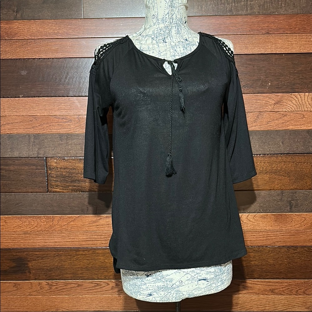Karen Brooks Scoop Neck Women's Black Cold Shoulder Blouse